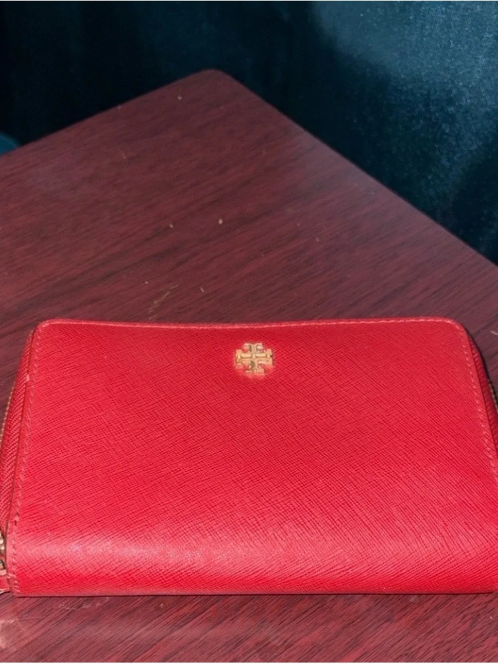 Tory Burch Red Zip-Around Saffiano Wallet with Gold Logo